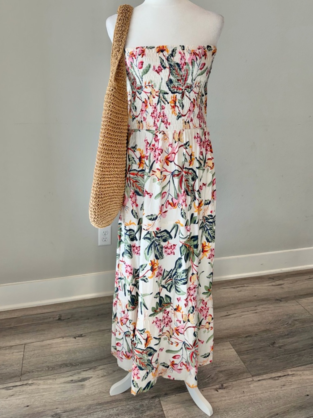 Strapless Floral Maxi Dress in Cream and Multicolor